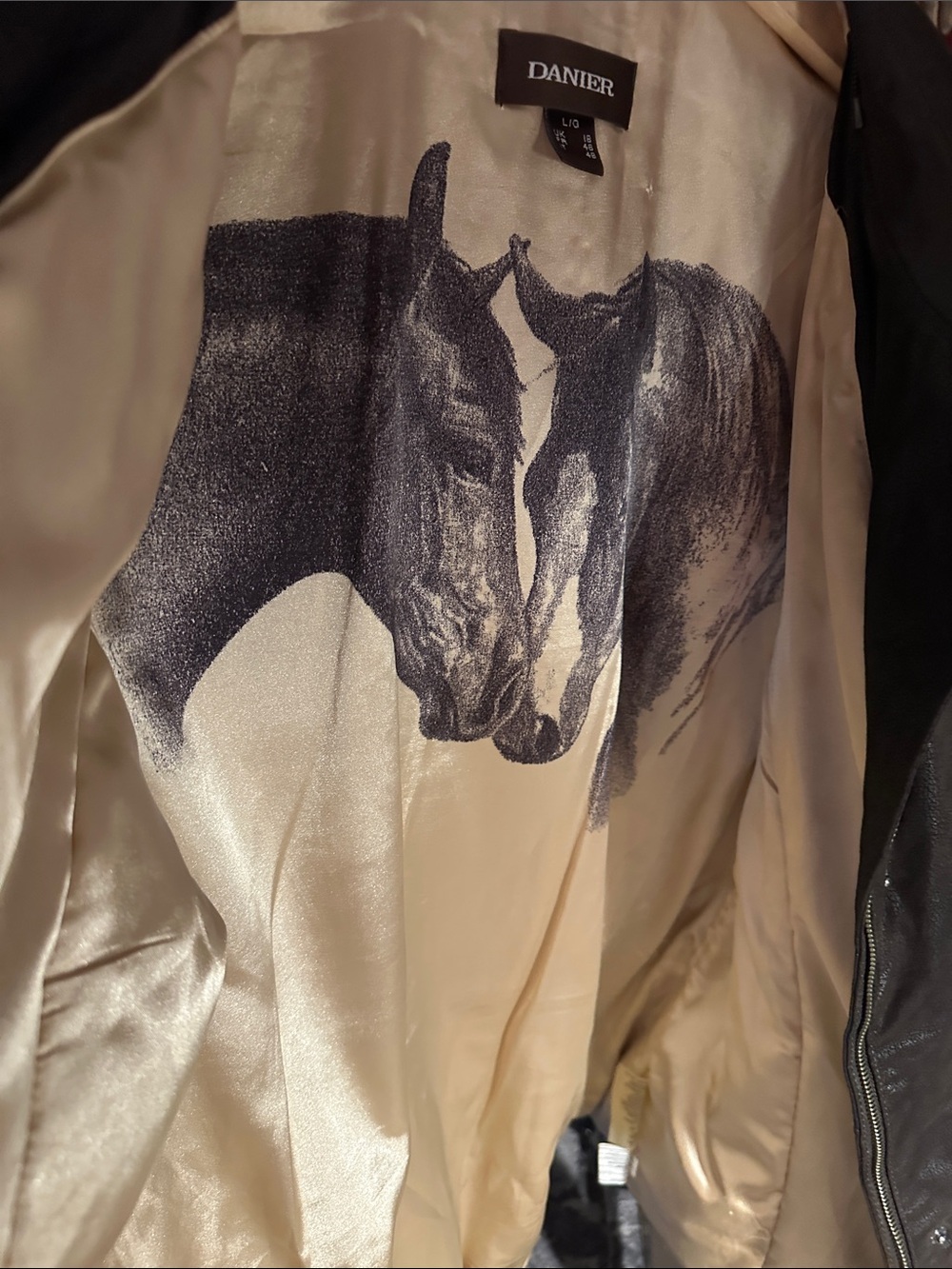 Danier Brown real genuine Leather Snap-Front Jacket with Love Horse inside